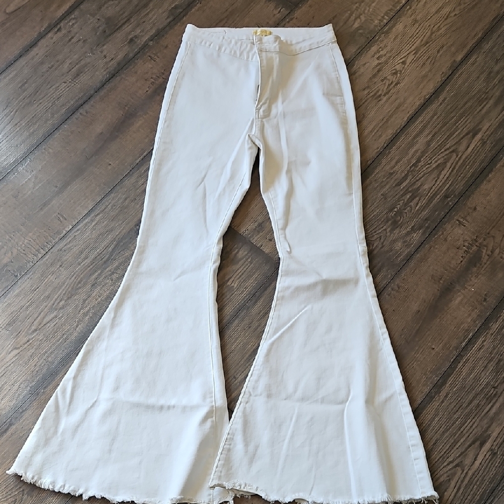 White Flare Wide Leg Jeans with Textured Fabric